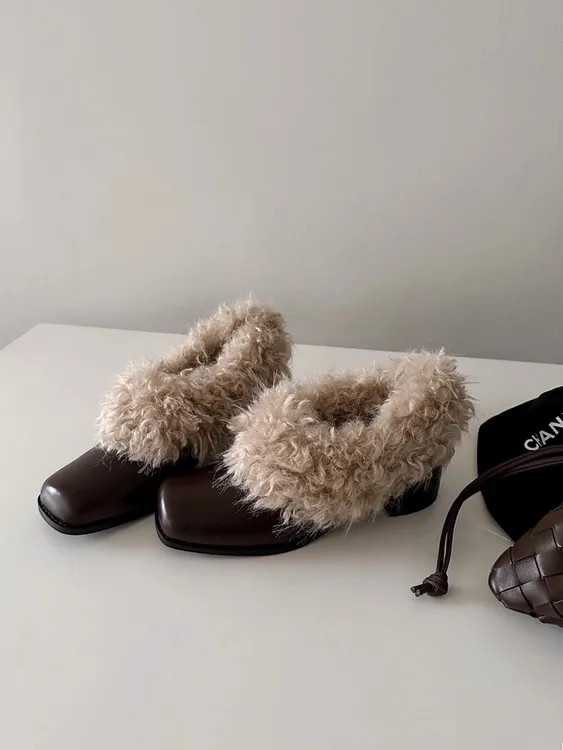 啤梨~牛皮版方头毛毛鞋一脚蹬加绒保暖玛丽珍小皮鞋棉鞋粗跟单鞋