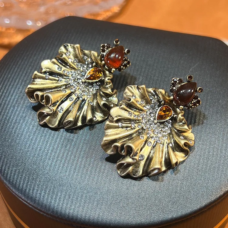 铜合金耳饰 中古几何古董黄铜镀真金镶钻vintage西洋古董宫廷风耳