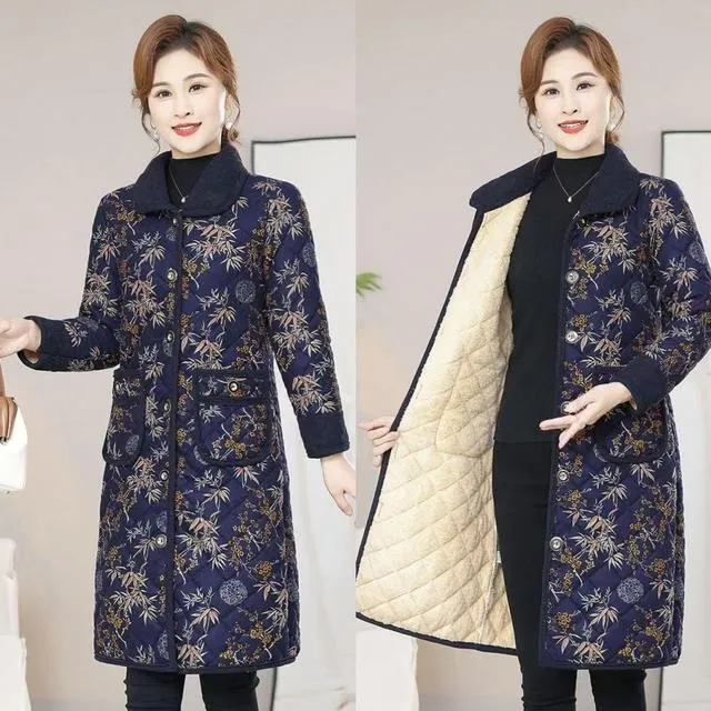 棉袄妈妈装冬季中长款棉衣中老年新款碎花加绒加厚保暖棉服外套女