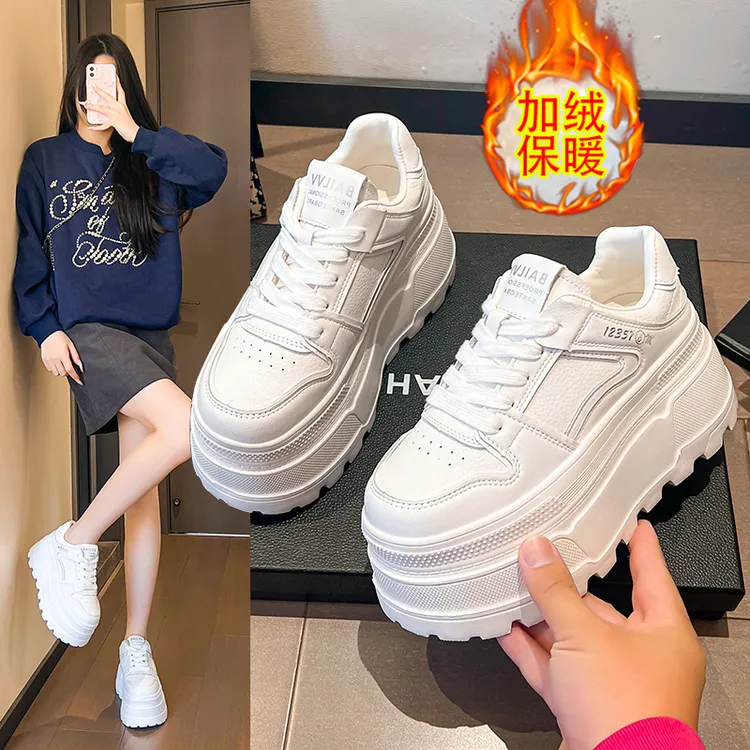 9公分增高冬季时尚加棉厚底真皮面小白鞋女鞋休闲网红爆款厚底鞋