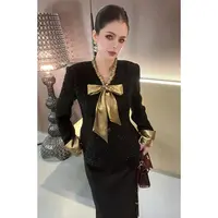 V领飘带拼接小香亮丝上衣CS31078