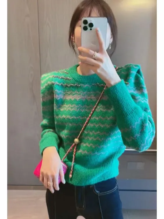 秋冬法式复古绿条纹撞色重工毛衣女设计感小众韩版宽松针织上衣