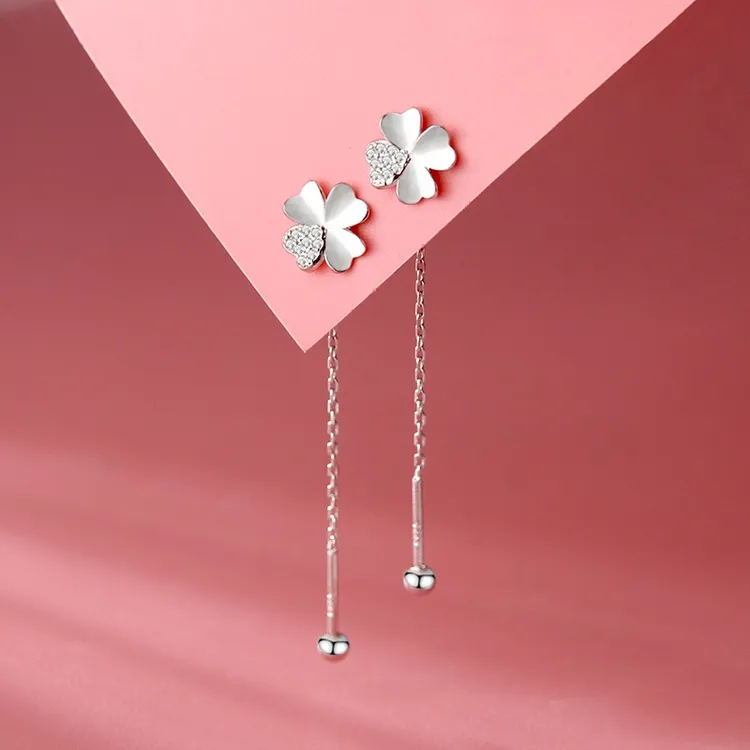 足银耳饰 999纯银四叶草耳线百搭高级感螺轻奢小众长款养耳洞简约