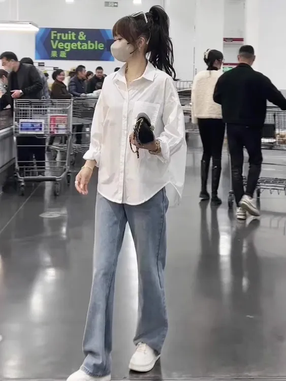 新款女装衬衣梨形身材微胖显瘦高级感衬衫百搭不对称口袋宽松型