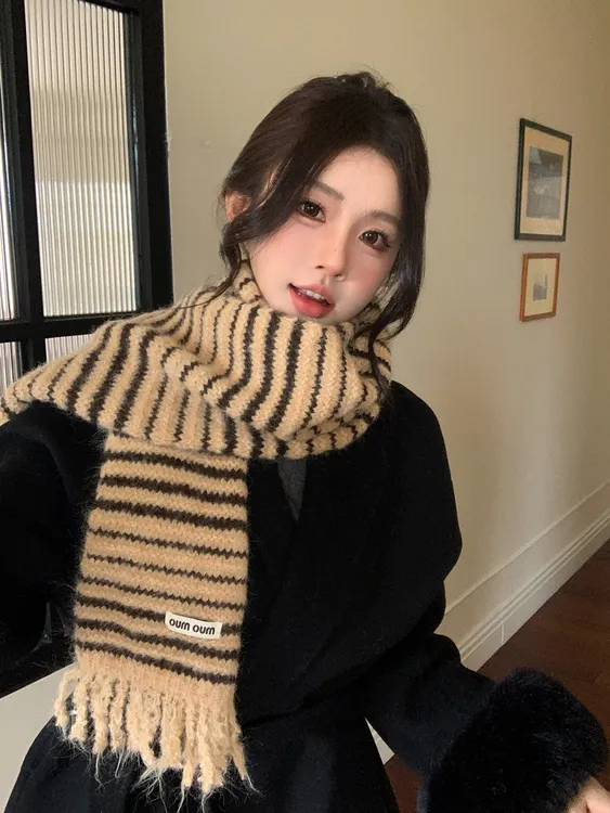 2025新款韩系羊毛混纺流苏条纹针织围巾女冬季加厚保暖氛围感围脖