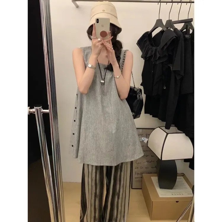 小众设计感侧边纽扣背心显瘦女夏季宽松气质无袖A字短裙小个子