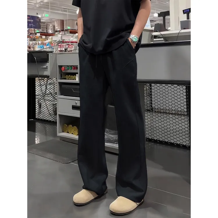 黑色斜切弯刀卫裤男款秋季直筒微喇美式运动裤子显腿长高腰休闲裤