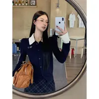 【HRG】早秋新款学院风黑色假两件设计感小众正肩针织衫HJ88128