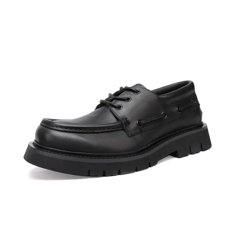 英伦风个性设计厚底男士手工休闲皮鞋黑色三眼系带大头增高德比鞋