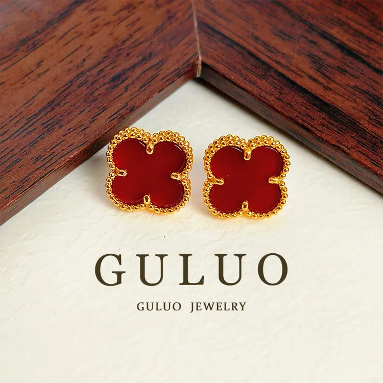 合金仿珍珠耳饰 金边红色四叶花耳钉女生百搭2025新款爆款高级感