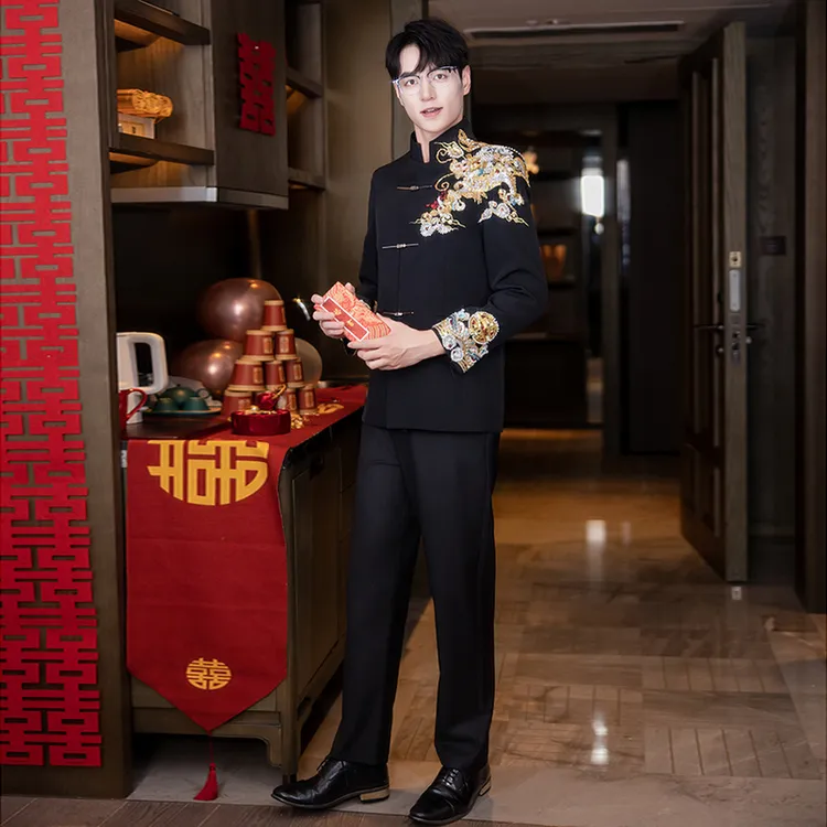 新中式结婚男装中山装男士订婚套装高端立领西装外套新郎中式礼服
