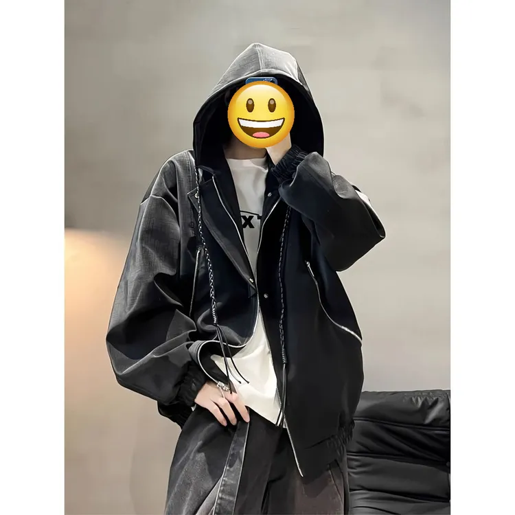 美式pu连帽皮衣夹克男女款秋季宽松硬挺机车boxy外套休闲拉链帽衫