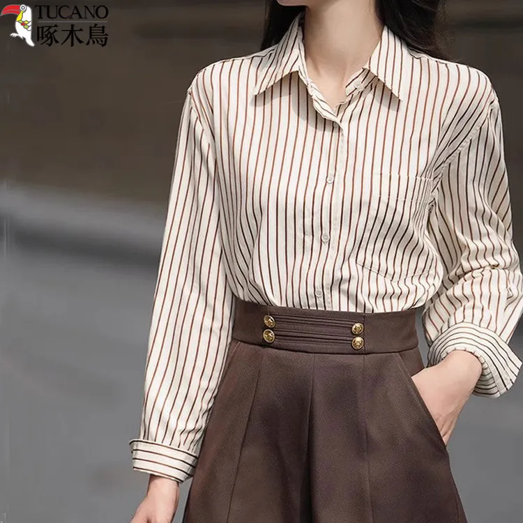 TUCANO/啄木鳥港风条纹长袖衬衫秋冬新款宽松显瘦时尚小众上衣女
