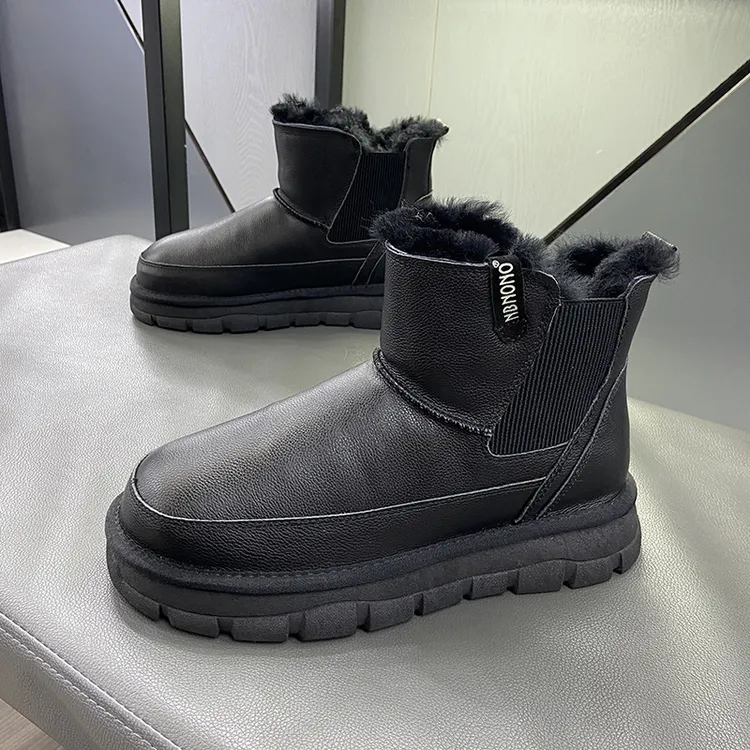 冬季头层牛皮全羊毛内里一体雪地靴男鞋防滑厚底松紧口保暖大棉鞋