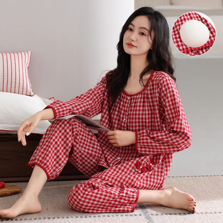 芬腾可安家居服睡衣女带胸垫春秋款梭织纯棉长袖新款开衫休闲套装