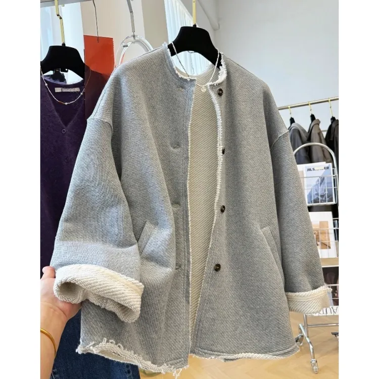 韩系穿搭慵懒风宽松休闲巨好看的独特圆领毛边圆领卫衣外套女秋季