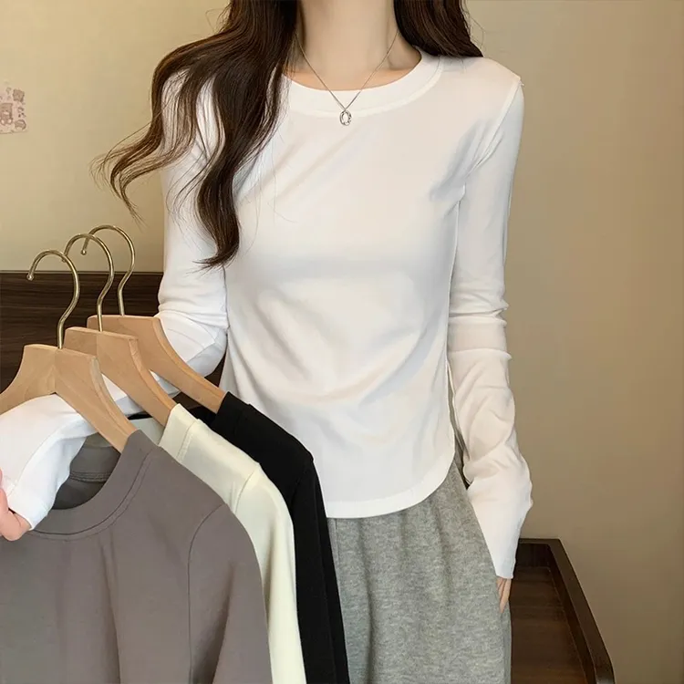 纯色正肩长袖t恤女2025年秋季新款弧形下摆设计修身显瘦打底衫ins