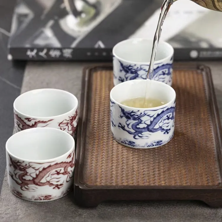 家用喝茶品茗功夫茶具单杯主人杯青花茶杯青花瓷陶瓷龙纹泡茶