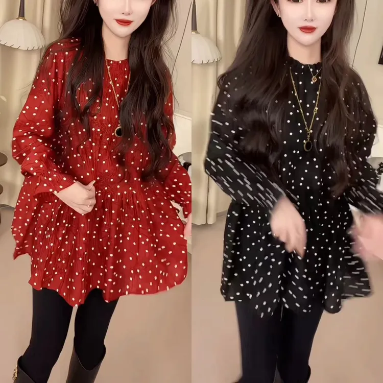 圆领法式遮肉波点雪纺衫