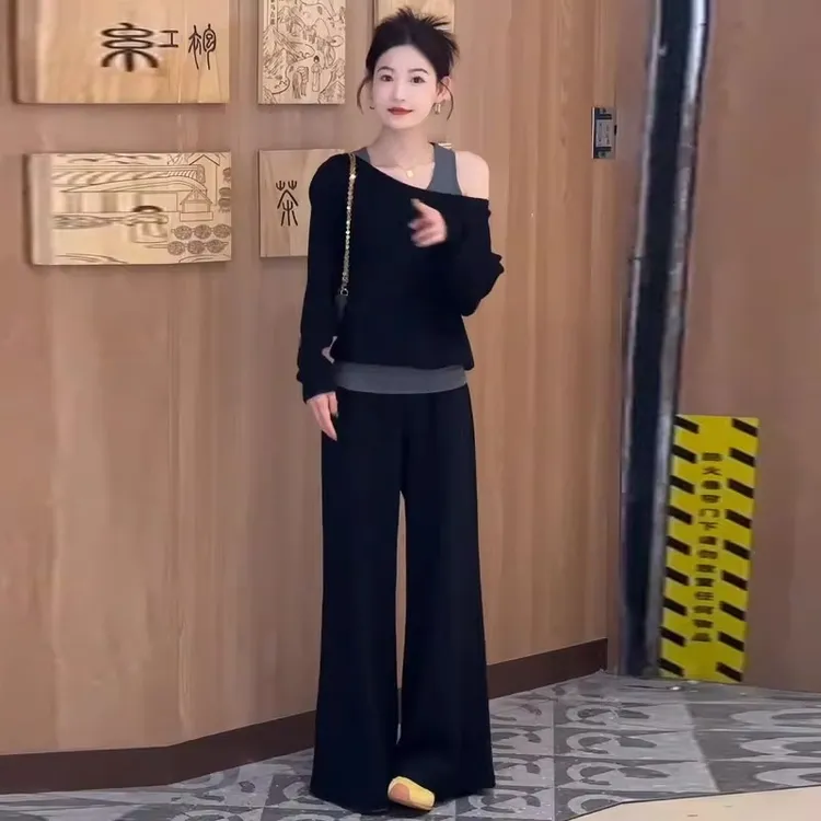 拉夏贝尔小个子时尚套装女士早秋斜肩假两件卫衣休闲裤减龄两件套