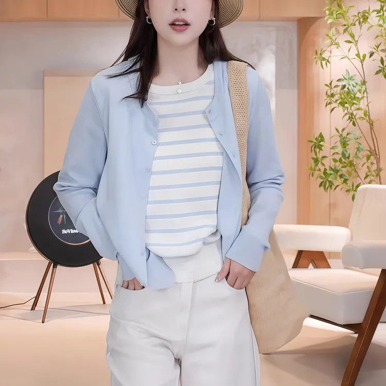 2025春季新款小清新休闲撞色条纹假两件针织开衫女温柔慵懒感外套