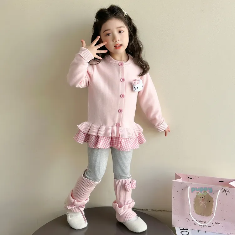 2025女童秋季新款花边针织衫套装儿童女宝宝韩版卡通毛衣打底裤子