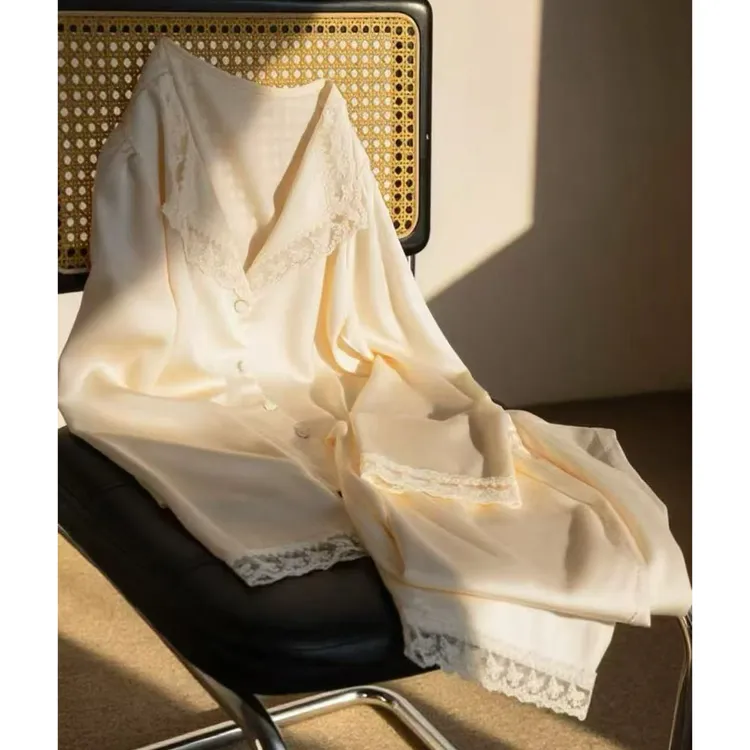 【高级感】2026春秋新冰丝睡衣女长袖长裤蕾丝花边舒适家居服可外穿