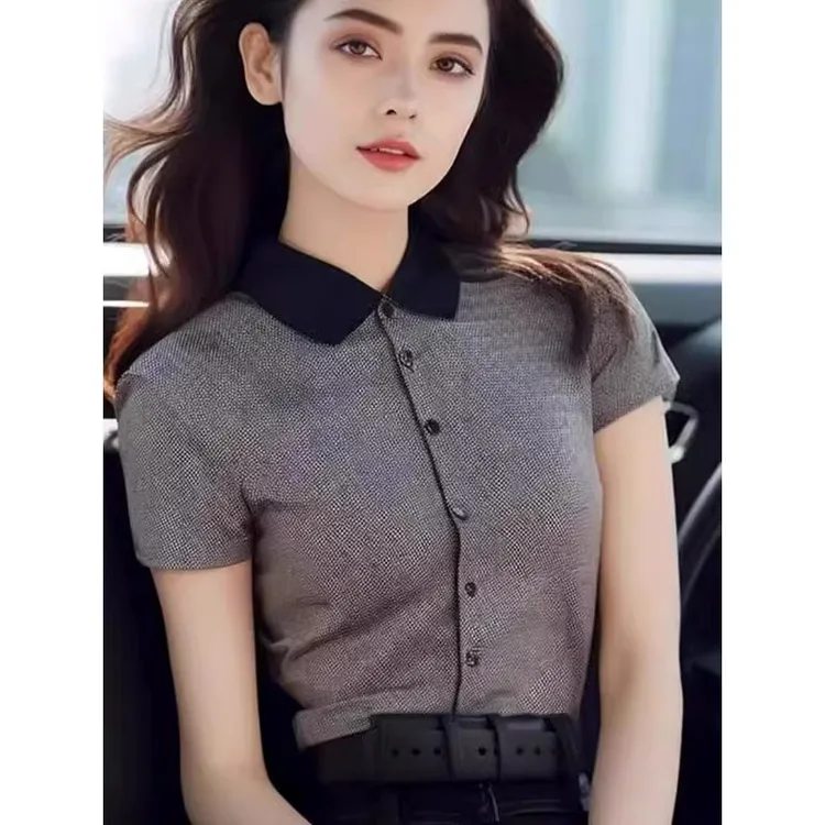 灰色Polo领短袖t恤女2024新款夏季冷淡系高级感女生韩系ins衣服