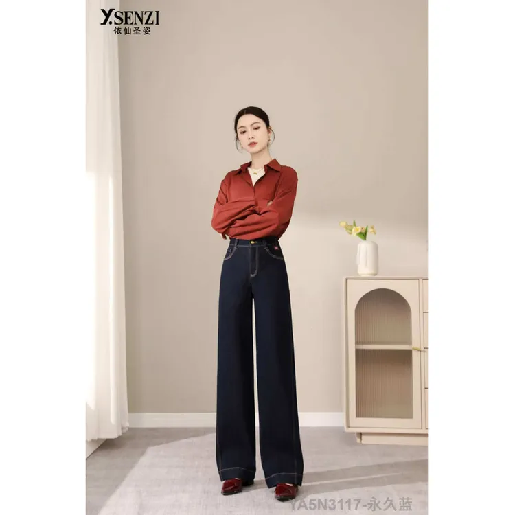 依仙圣姿2024冬季YA5N3117女裤加厚加绒显瘦牛仔深蓝长裤宽松筒裤