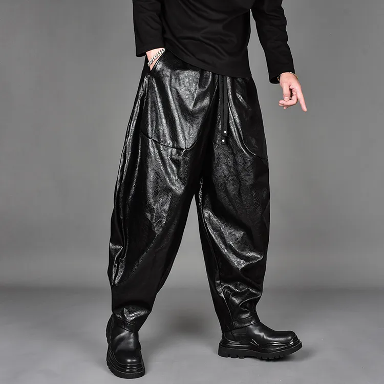宽松大码中老年休闲皮裤男裤发型师哈伦裤小脚PU纹理灯笼裤潮