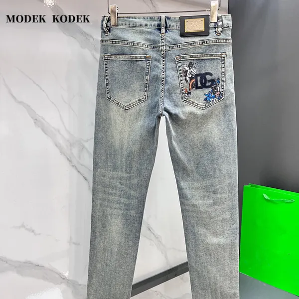 MODEK KODEK高级感潮牌男士刺绣水洗长裤夏季新款修身直筒牛仔裤