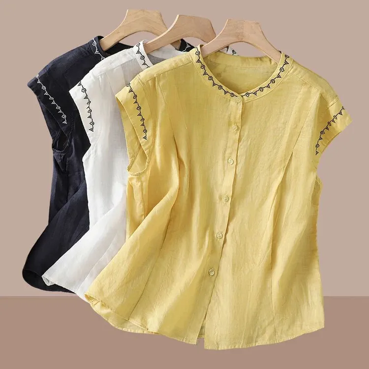 2025夏季薄款复古洋气刺绣飞飞袖衬衫女时尚百搭休闲宽松上衣麻衫