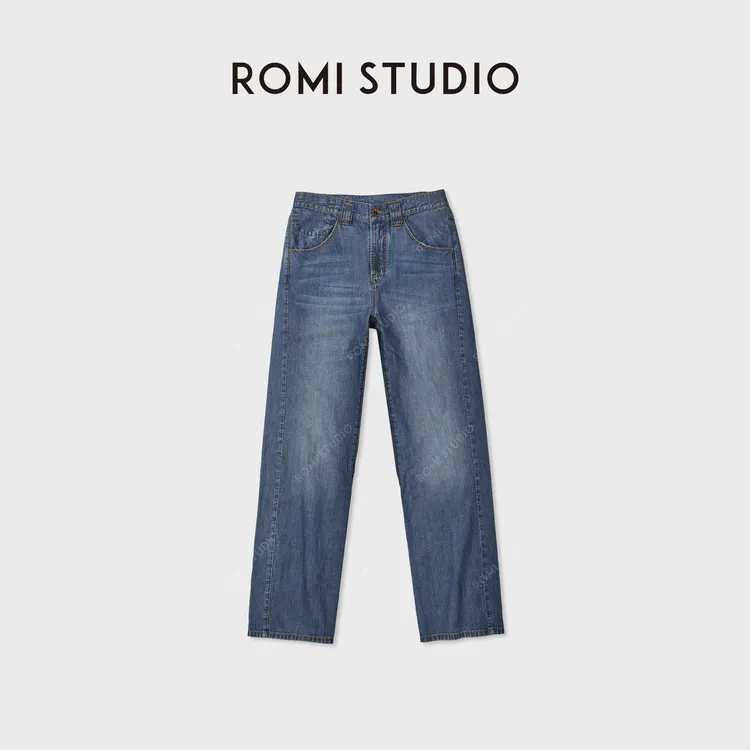 ROMI STUDIO“美式复古”酵洗撞色明线高腰直筒牛仔裤 RWDRX84102