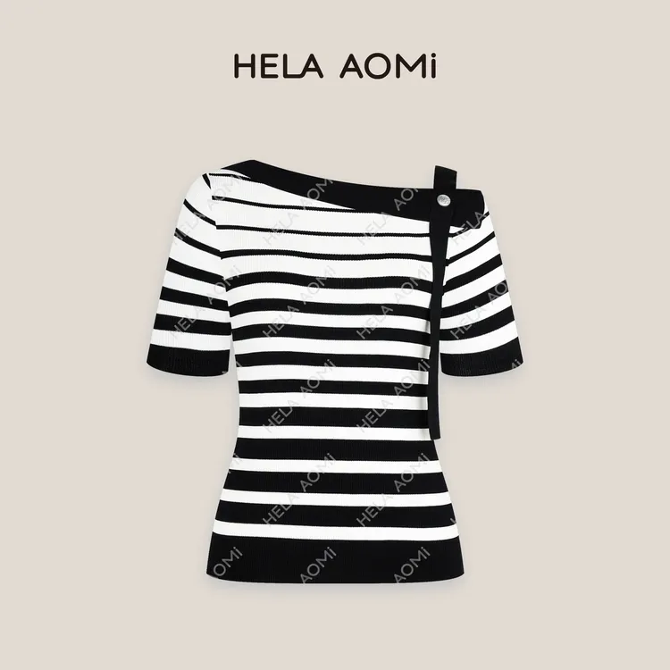 HELAAOMI“法式香肩”修身设计感T恤通勤显瘦针织上衣CY5BM32549