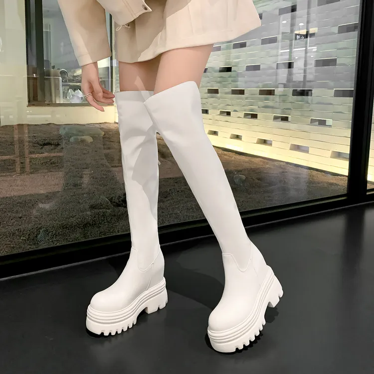 小个子12cm白色过膝长靴百搭时尚高跟秋冬长筒过膝网红厚底瘦瘦靴