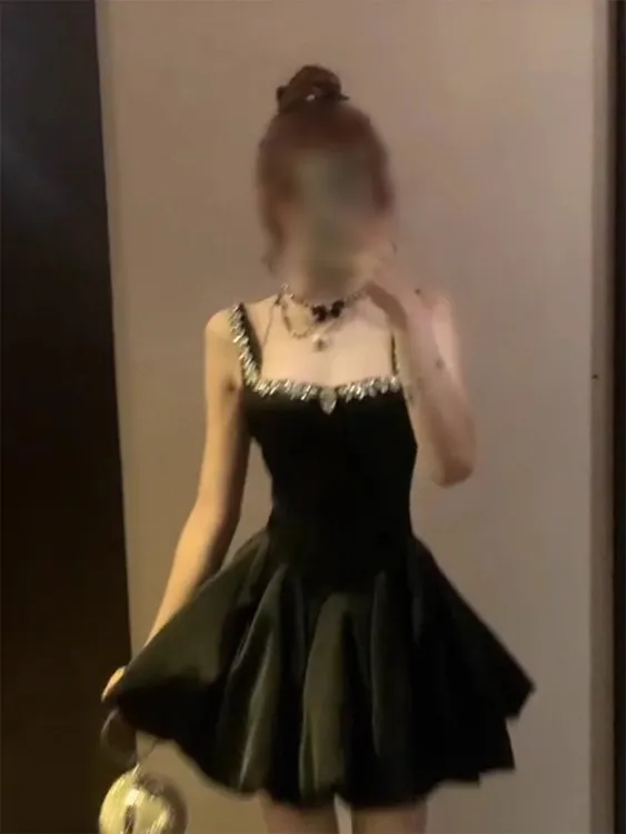 K10095法式赫本风气质镶钻吊带连衣裙女夏季甜美公主生日晚礼服