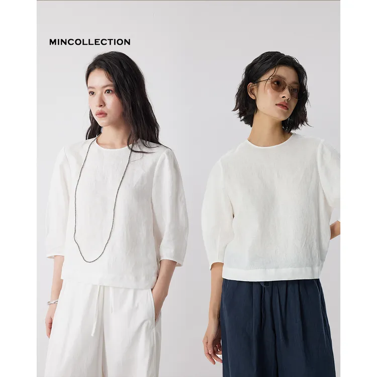DE Mincollection弧袖小衫/细支全亚麻廓形袖笼圆领休闲衬衫55445