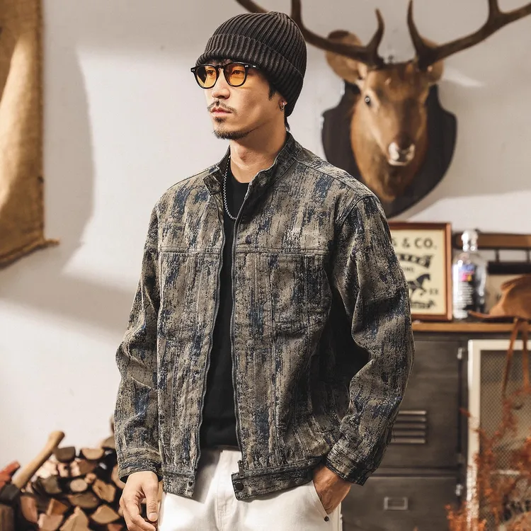 美式复古废土风铁锈植绒立领牛仔外套男秋季潮流痞帅硬朗休闲夹克