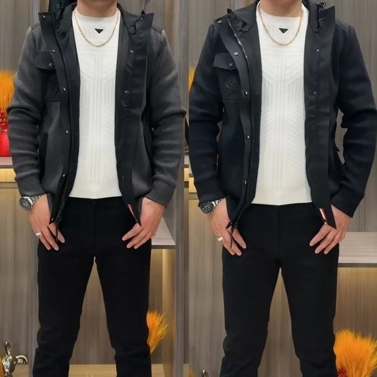 春秋新款织带单排扣夹克带帽拼接男款时尚经典外套休闲针织