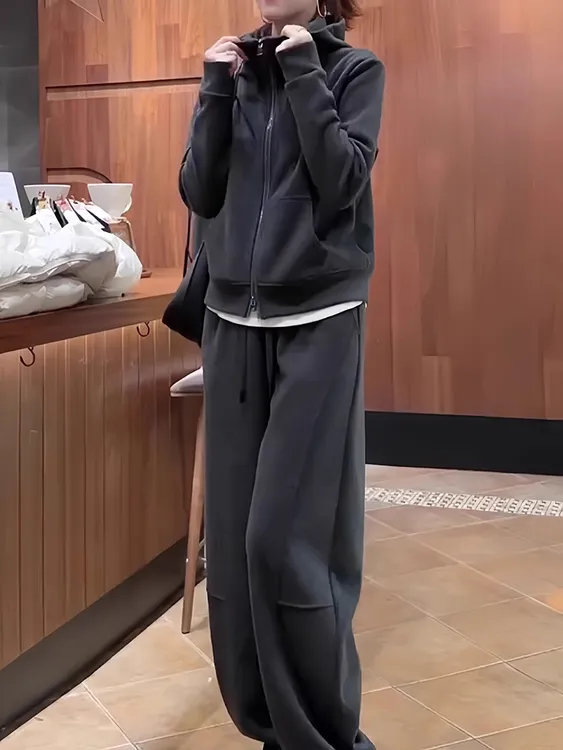 慵懒风休闲运动套装女秋冬2025新款大码时尚卫衣外套阔腿裤两件套