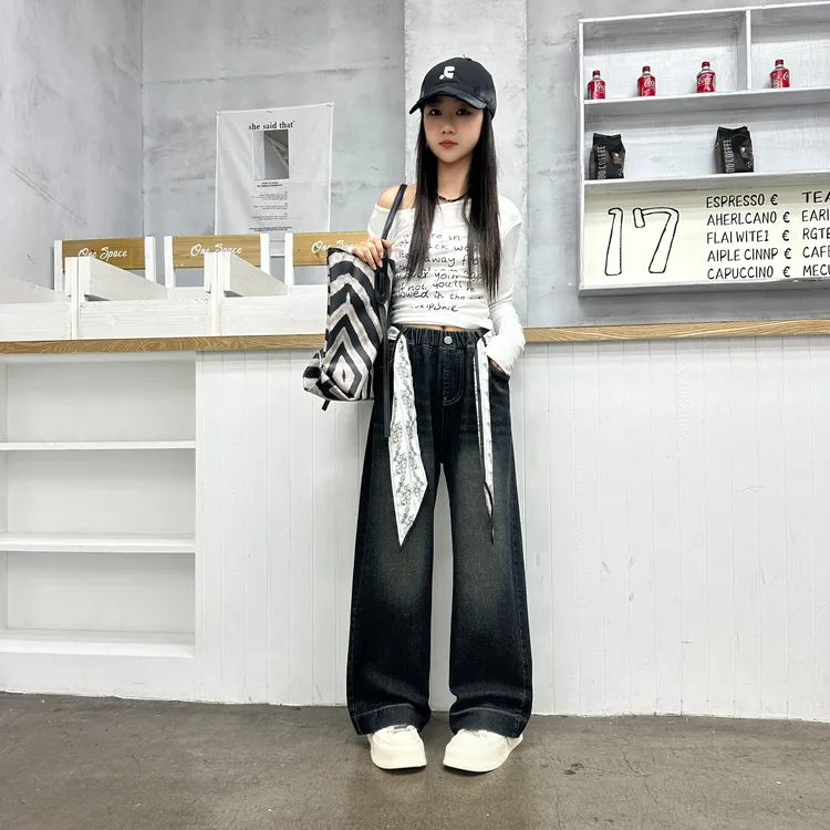 女大童2025新款秋季长裤复古风阔腿裤高腰宽松显瘦极简风洋气百搭