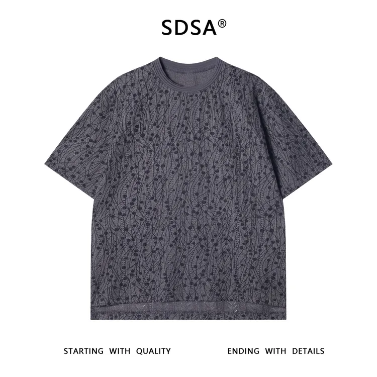 夏季高级感新款男士凌乱线条波点圆领短袖T恤前短后长设计上衣