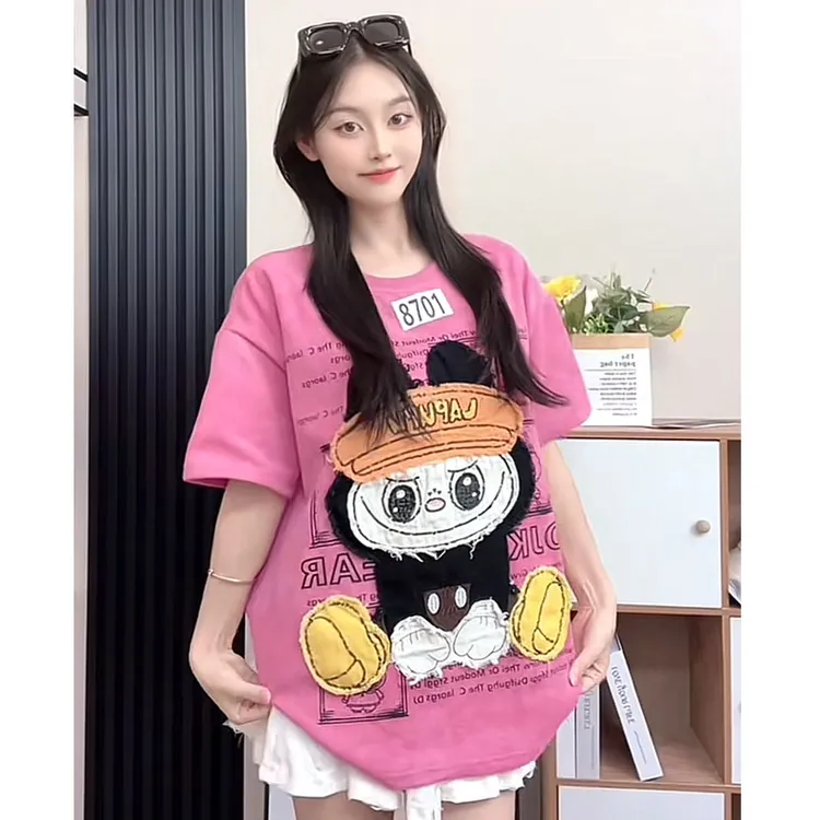 （8701/8703）y2025新款加厚卡通刺绣短袖t恤女韩版减龄宽松上衣女