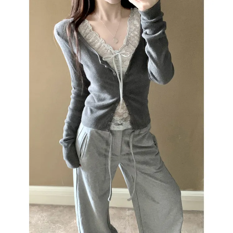 纯欲蕾丝假两件上衣女2025春季修身设计感系带T恤长袖内搭打底衫