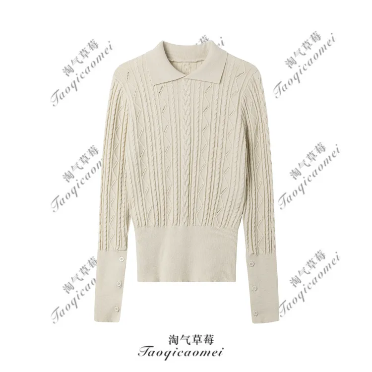 Taoqicaomei · 韩系翻领镂空长袖针织衫女收腰修身显瘦短款上衣
