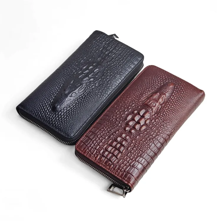 男士头层牛皮鳄鱼纹压花长款钱包商务钱夹皮夹潮多功能手拿包真皮
