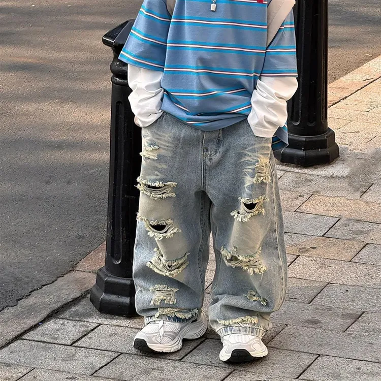 帅气2025春季新款韩版男童复古美式高街破洞牛仔裤儿童长裤潮