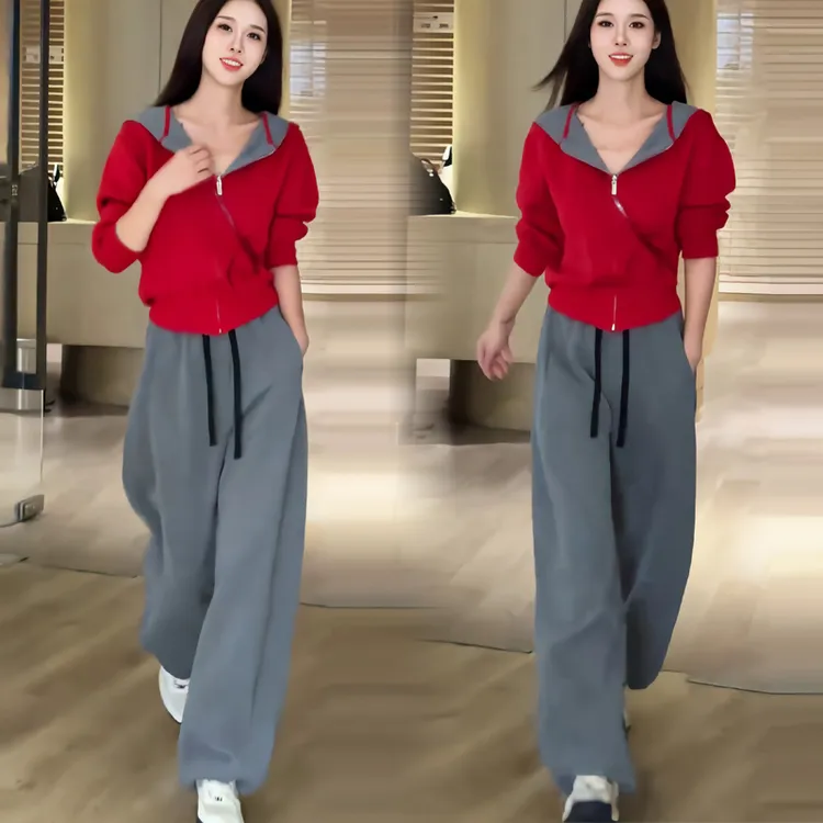 连帽卫衣套装女宽松秋季新款长袖双拉链开衫外套休闲阔腿裤两件套