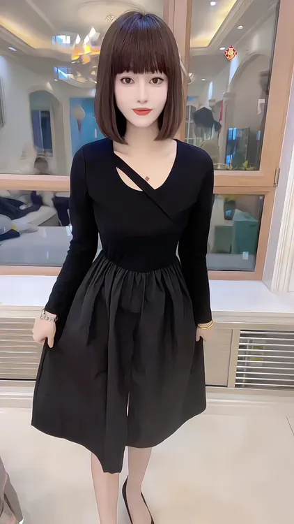 2025夏季新款时尚百搭气质修身显瘦收腰长袖连衣裙A字小黑裙女
