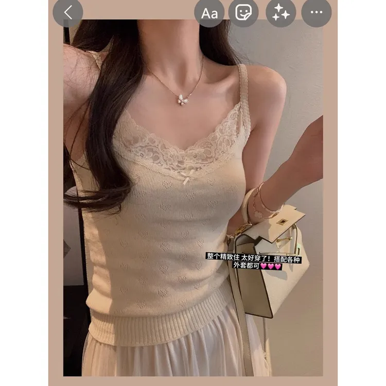 甜美风chic蕾丝蝴蝶结内搭针织吊带女春夏打底上衣外穿防走光背心